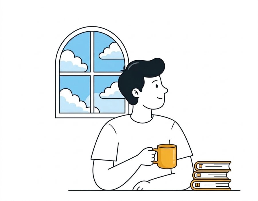 Developer holding a gold mug beside a stack of books, looking out an arched window