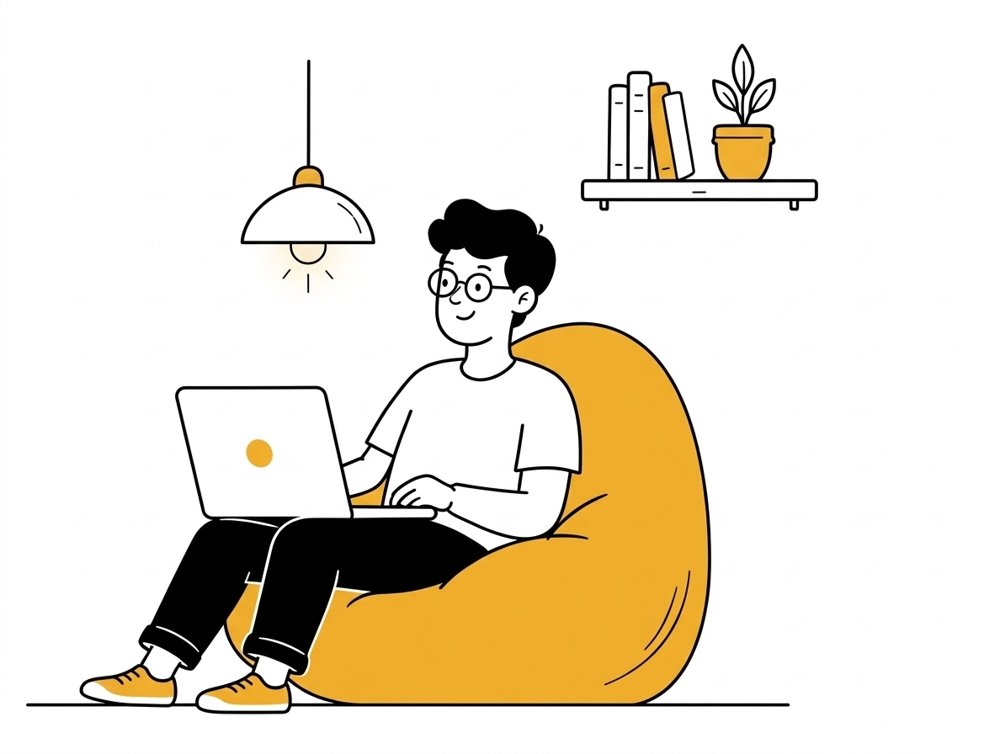 Developer on a gold beanbag
 with a laptop, a pendant lamp and a shelf with books and a plant